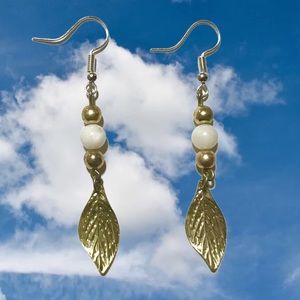 Gold and pearl bead earing with gold leaf handmade